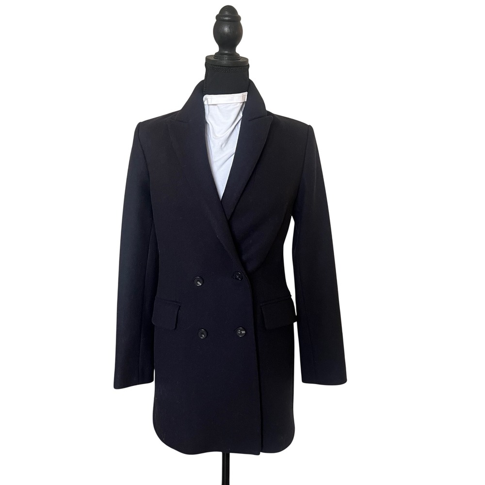 Reiss Dana Black Wool Blend Double Breasted Tailored Coat Italian Fabric US 2